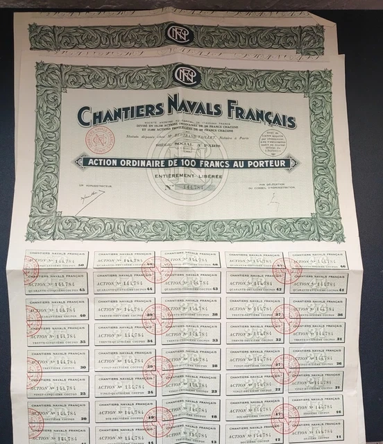 2 titres Chantiers Navals Français action de 100F