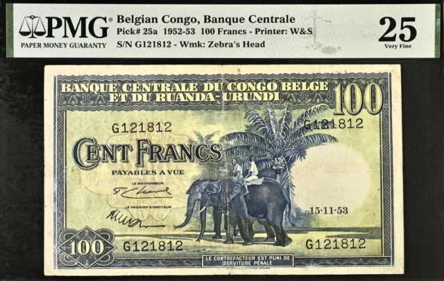 Billete de banco Belga Congo 100 francos selección # 25a 1952-53 PMG 25 muy fino