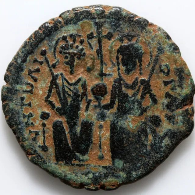 Byzantine coin-AE follis-Justin II-Antioch year 8 , circa 565-578 A.D