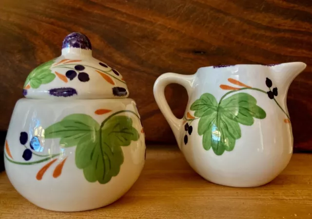 Erwin Pottery Tenn. Hand Painted Cream & Sugar with Lid Leaves & Berries