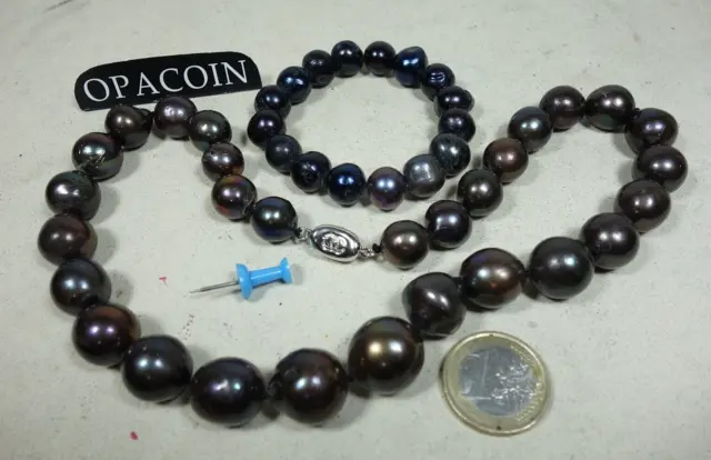 echte Perlenkette Halskette & Armband SET Schwarz 1,6 cm groß Tahiti Perle 48 cm