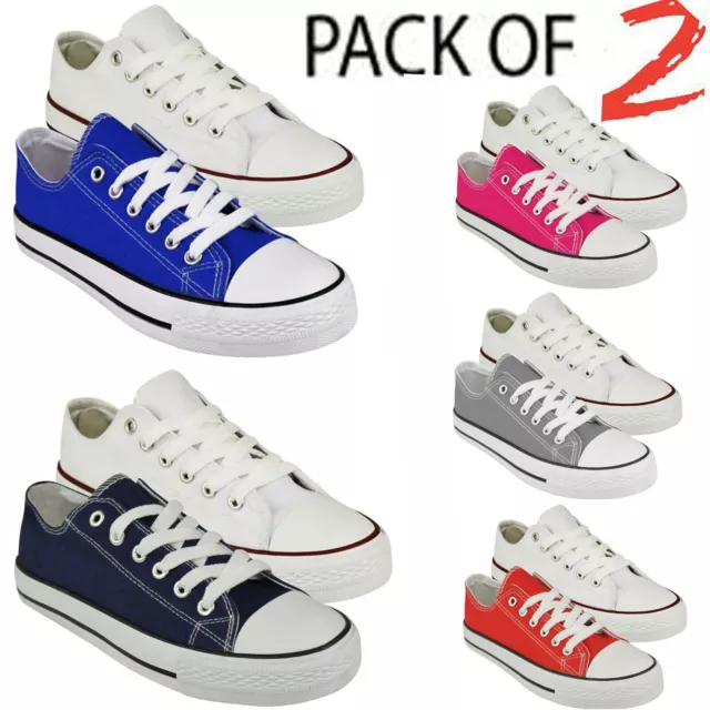 Womens Trainers Canvas Shoes Lace Up Flat Ladies Girls Plimsolls Pumps 2 Pack