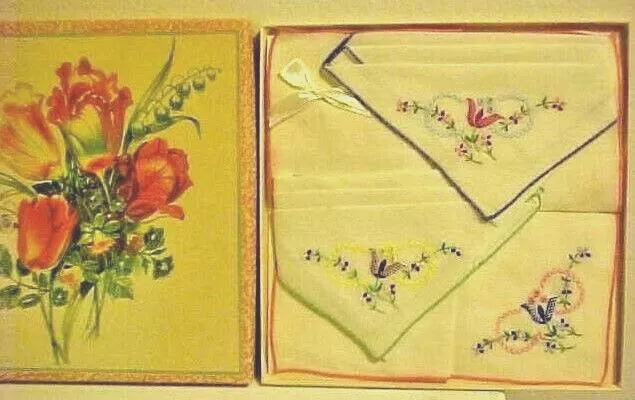 Vintage Handkerchief Boxed Set 3 Hankies Embroidered Tulips