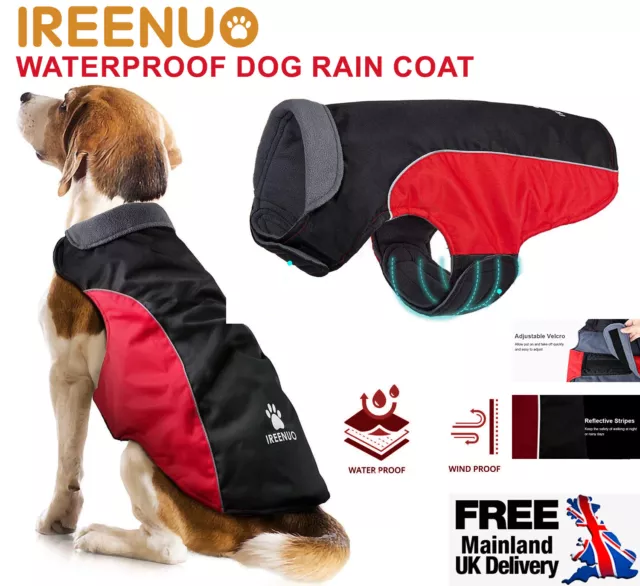 IREENUO Waterproof Dog Rain Coat Reflective Fleece Lined warm Black Red XS to XL