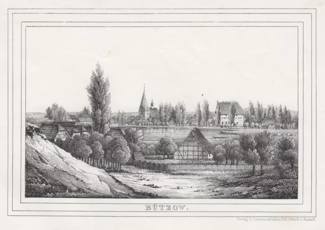 Bützow Vista General Original Litografía Tiedemann 1845