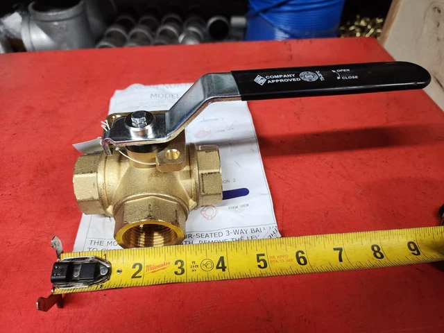 Rub 46CE34 1" 3-Way Ball Valve Standard L 400PSI CWP Lever Handle Female NPT NeW