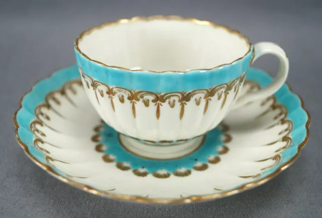 Dr Wall Worcester Turquoise Enamel & Gold Fluted Tea Cup & Saucer C.1755-1783 C