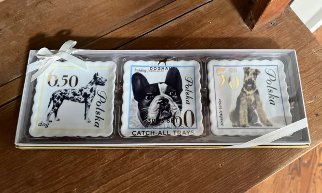 NIB 3 Ceramic Trays Stamps French Bulldog Great Dane Siamese Cat Doghaus