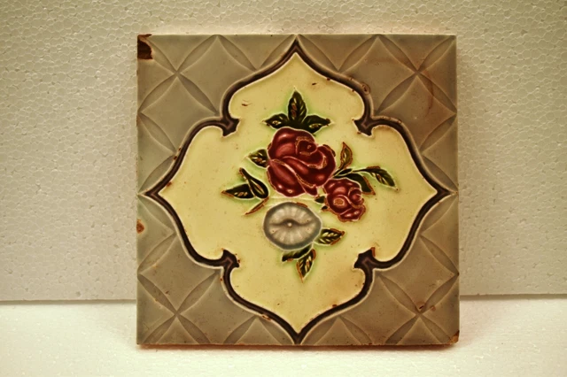 "Antique Japan Majolica Art Nouveau Porcelain Flowers Pink Architecture Tile"