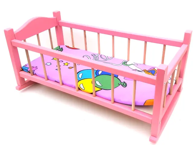 Wooden toy rocking bed cot crib, pink dolls toy cradle 20" ,with mattress
