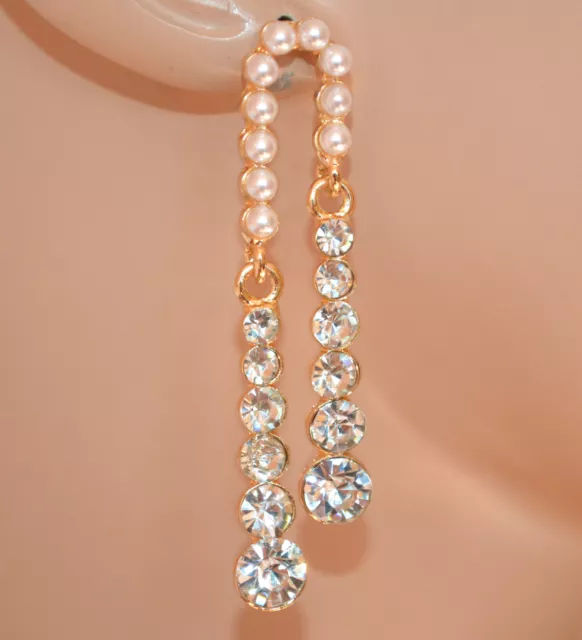 Orecchini donna oro dorato perle strass pendenti lunghi cristalli perline UX44