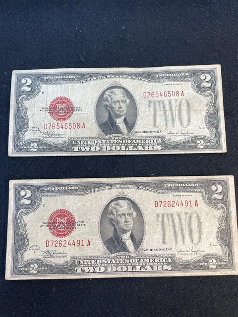 Two 1928-F $2 Dollar Bill United States Note Red Seal