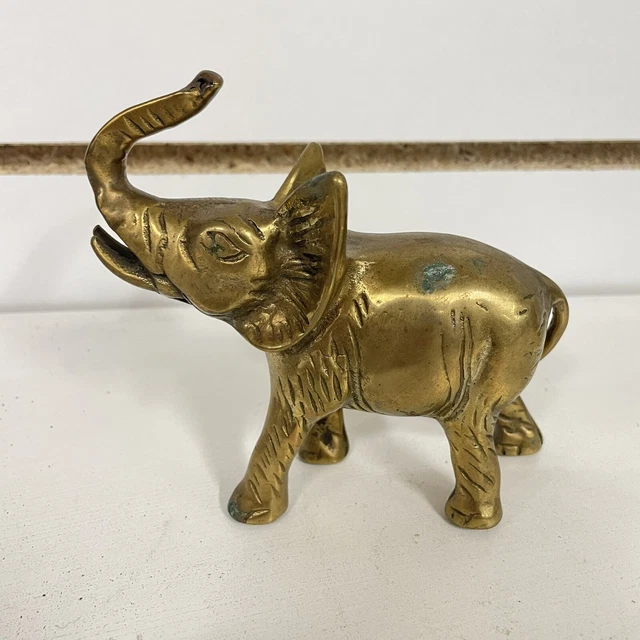 Vintage Heavy Solid Brass Elephant Statue Figurine Trunk Up Good Luck 4.5”