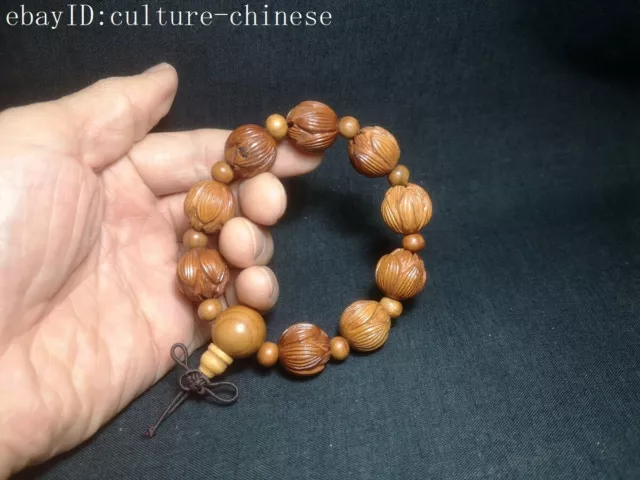 Chinese wood Hand Carved Lucky Lotus Bracelet Amulet Gift Collection D 18 mm