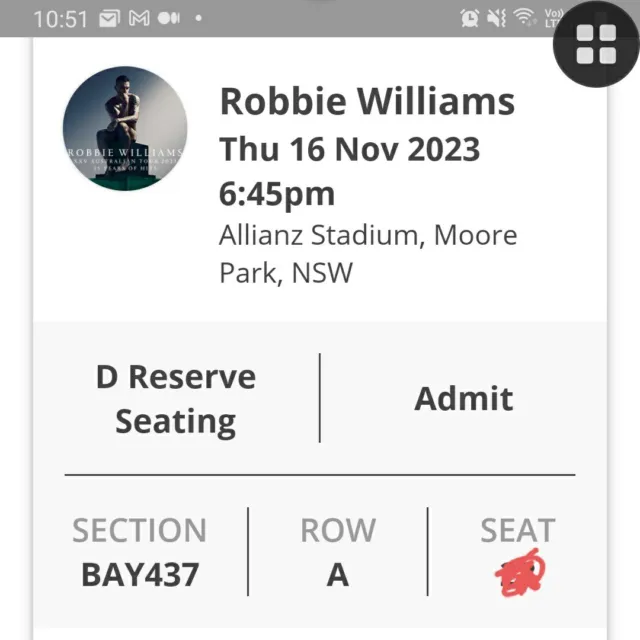 1x ROBBIE WILLIAMS ticket / Amazing Seat