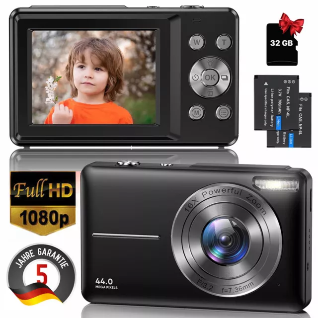 Kinder Digitalkamera HD 1080P 2.4'' mit 16xZoom 44MP für Jungen Mädchen Geschenk