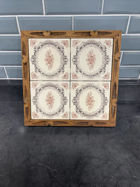 Vintage Wood Framed Dal-Tile Mexico Tile Footed Trivet Hot Plate Hand Carved