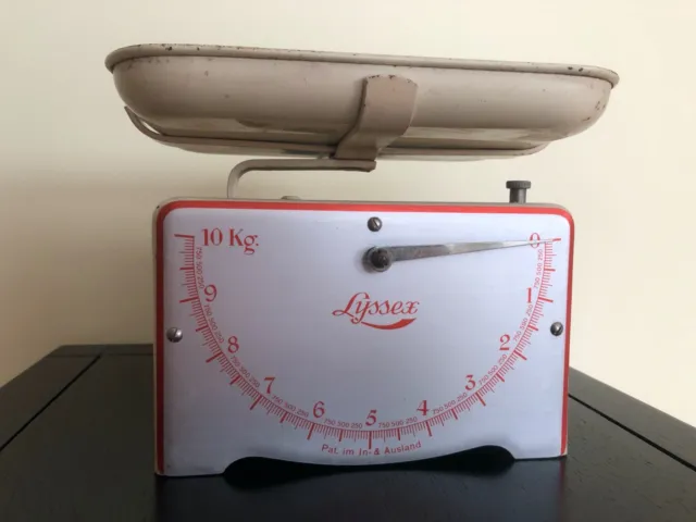 Vintage LYSSEX Waage mit Schale Schweiz Küchenwaage 10 kg Emaille 50er Pat.