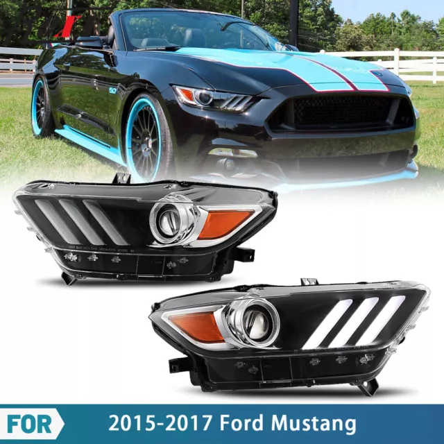 Pair Headlights For 2015-2017 Ford Mustang HID/Xenon Projector DRL Lamps RH & LH