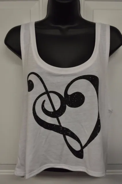 Junior White Tank Top with Music Note Heart Treble Clef/Bass Clef  Large/ XLARGE