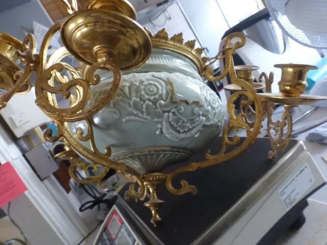 Magnifico Sospensione Ceramica 6 Luci Ante Ottone Dorata 19ème Lampadario