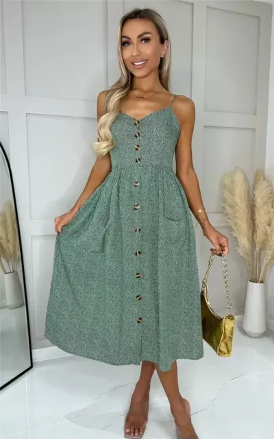 Silk Fred Floral Print Button Through Strappy Midi Dress In Green L