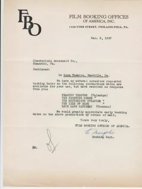 U.S. Film Booking Offices FBO 1927 Luna Theatre Films Available Letter Ref 39875