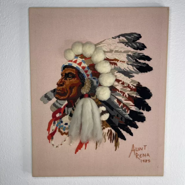 De colección 1977 Sunset Stitchery #2220 Indian Chief Crewel bordado 16x20 arte de pared