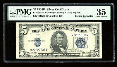 DBR 1934-D $5 Silver STAR Narrow Fr. 1654N* PMG 35 Serial *22327538A