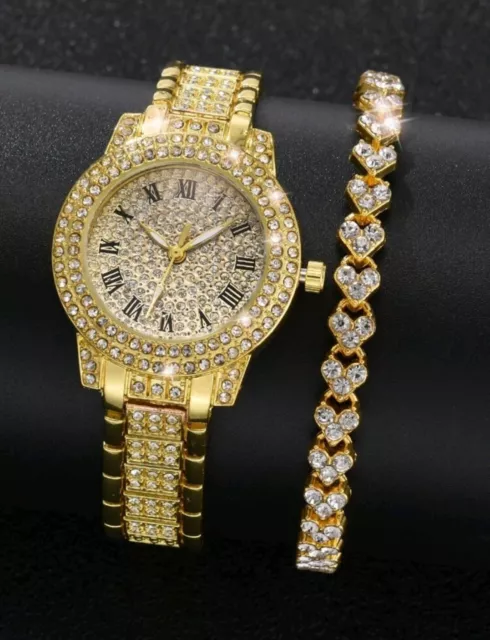 Armbanduhr Armkette Modeschmuck Set Uhren Damen Mädchen Strass Gold Geschenk Neu
