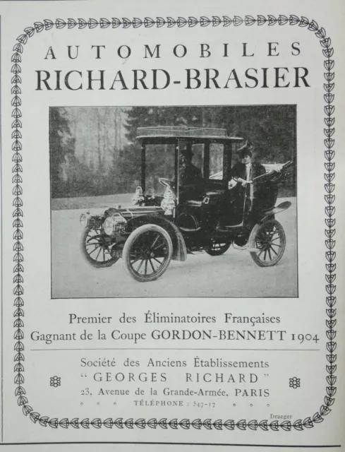 1905 Automobiles Richard Brasier Wins The Cup Gordon-Bennett Press Advertisement