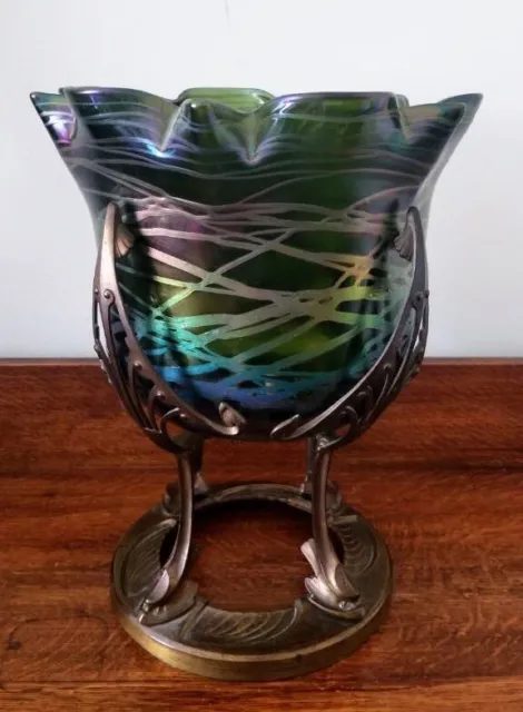 Loetz Art Glass Secessionist Metal Work Centerpiece Vase