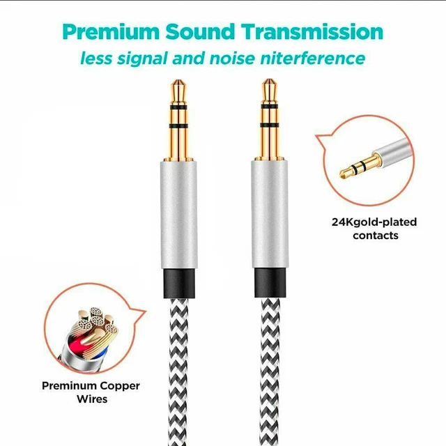 Aux Cable Audio Lead 3.5mm Jack to Jack Stereo Male for Car PC Phone Speacker 1m