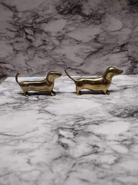 Vintage Solid Brass SET LOT Pair Of  Dachshunds Sculptures Paper Weights