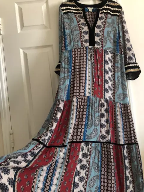 Monsoon Floral & Paisley Patchwork Print Boho Tiered Midi Dress, Size 12