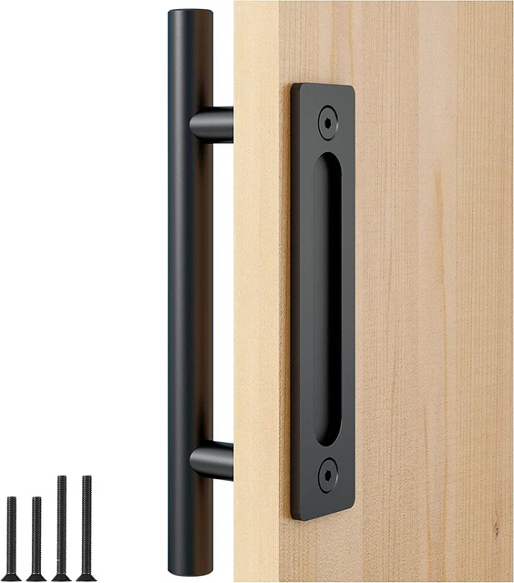 12&quot Heavy Duty Pull Flush Door Handle Set In Black, Sliding Barn - Fit Doors