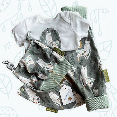 BABY vestiti Baby Set-PANTALONI BERRETTO Panno Body handmade eucalipto lama CONIGLIO GUFO