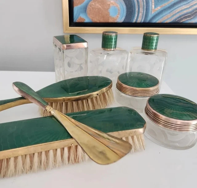 Art Deco - Rich Green Guilloche Enamel & Glass Dresser Vanity Set. 8 Piece Lot!