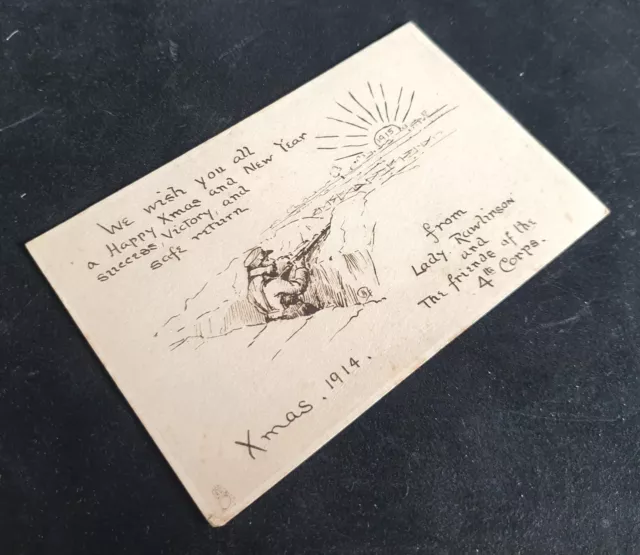 WW1 British Card Sent to IV Corps in Belgium by Lady Rawlinson - Christmas 1914