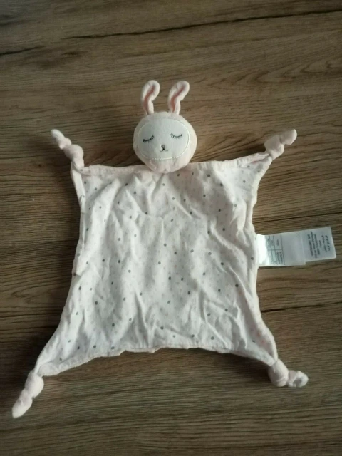 Doudou plat Lapin rose blanc pois gris dos étoiles VERTBAUDET