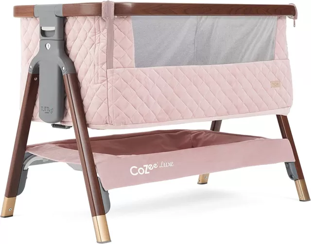 Tutti Bambini CoZee Luxe bedside crib Walnut & Blush with travel bag & mattress