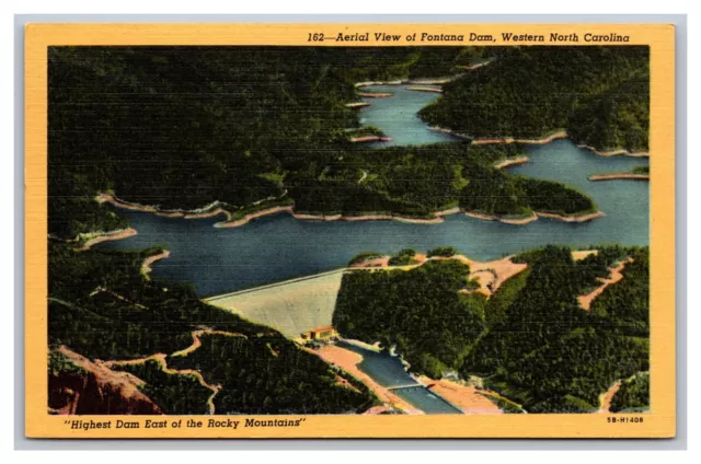 Fontana Village, NC, North Carolina, Fontana Dam Aerial View, Linen Postcard