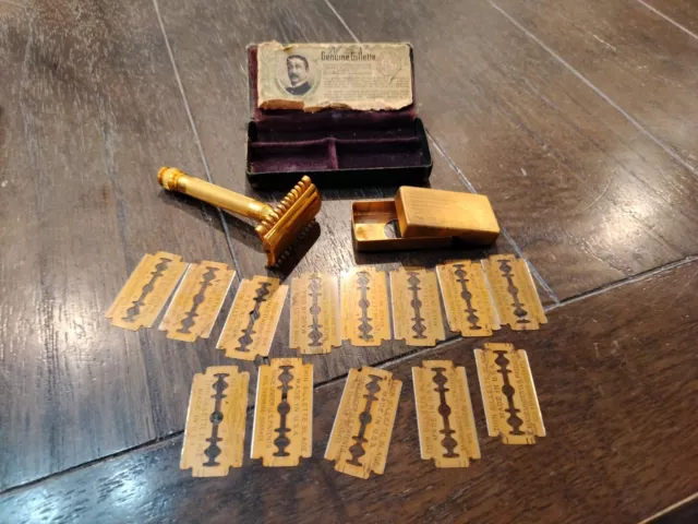 20'S Or 30'S Genuine Gillette Gold Tone Safety Razor With 12 New Blades & Case