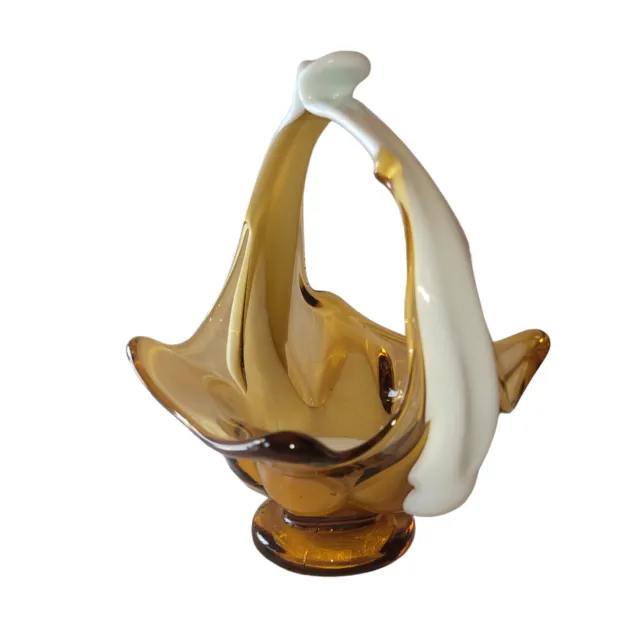 Mid Century Modern Blown Art Glass Amber White Swirl Split Handle Basket 7" High