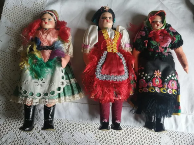 1960s VINTAGE Hungarian Folk Dolls X 3 in Traditional Dress. (Not Toys)