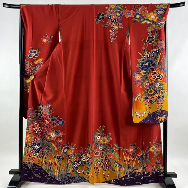 Japanese kimono SILK"FURISODE" long sleeves, Plants, Stream, Crepe, L5' 5"..3110