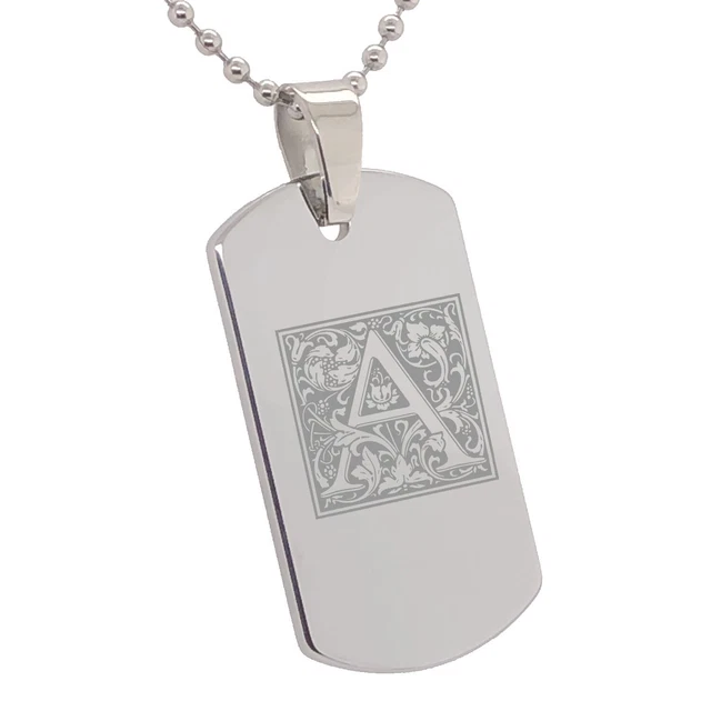 Tungsten Floral Monogram Letter A-Z Men's Dog Tag Pendant Necklace Ball Chain