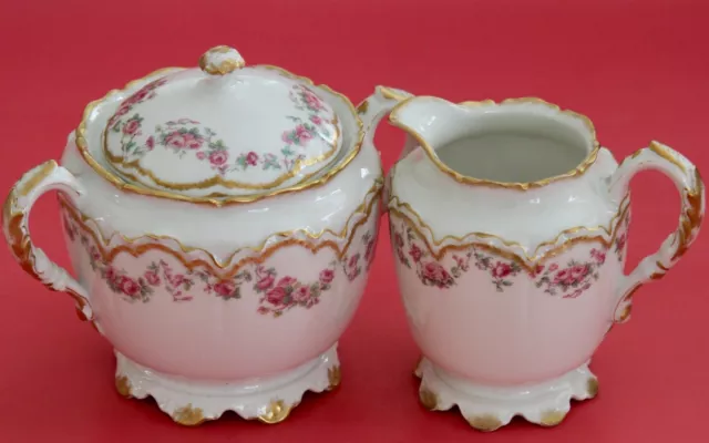 HAVILAND LIMOGES Porcelain Sugar & Creamer Pink ROSE Swags Double Gold *Sch 270A