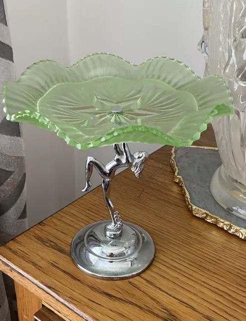 Art Deco Chrome Lady Glass cake stand Sowerby circa 1930s Green Scalloped