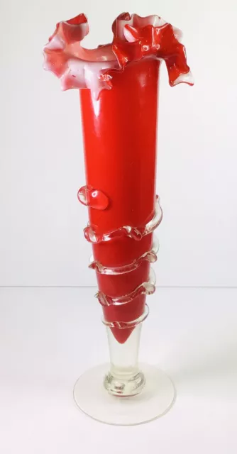 Stunning Vintage Ruby Red Ruffled Top Tall Slim Footed Spiral Art Glass Vase VGC
